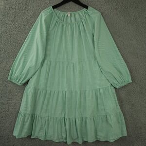J Crew Dress Womens Large Green Gingham Cotton Blend Poplin Raglan Tiered Mini